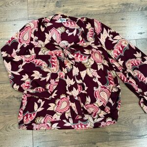 Show Me Your Mumu Womens‎ Maroon Floral Bell Sleeve Sheer Blouse Button Large L